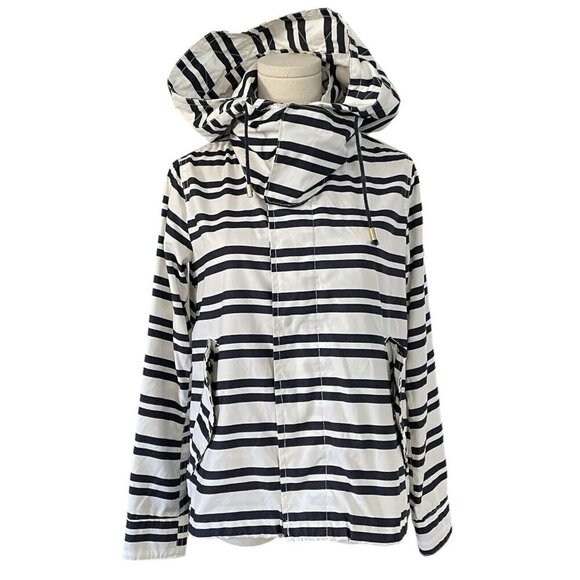 Zara Basic Z1975 Denim Striped Nautical Rain Jacket Womens XS Blue White - Picture 1 of 13